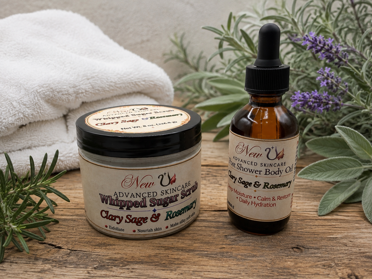 New U Advanced Skincare - Post Shower Oil & Whipped Sugar Scrub - Clary Sage & Rosemary