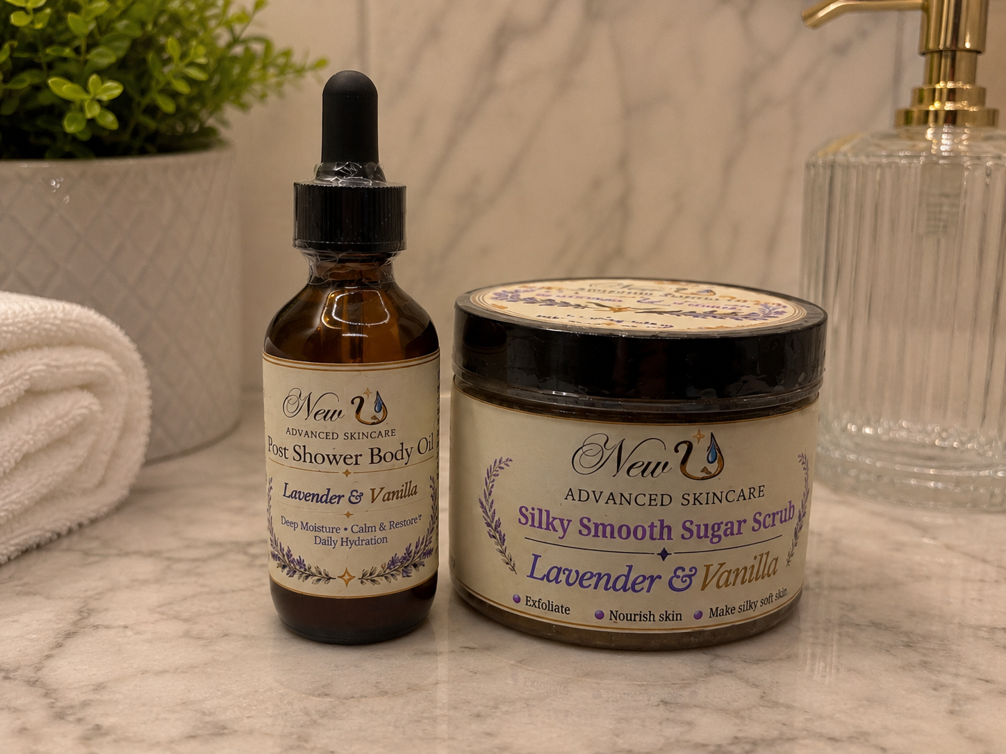 New U Advanced Skincare - Body Oil & Sugar Scrub Bundle - Lavender & Vanilla Scent
